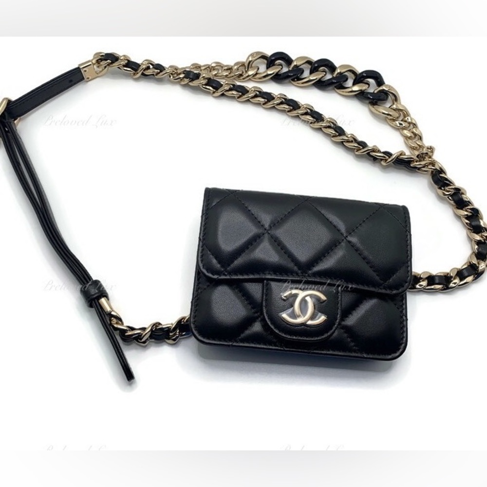 Authentic CHANEL Black Lambskin Mini Clutch Belt Waist Bag Gold Hardware - Picture 4 of 15